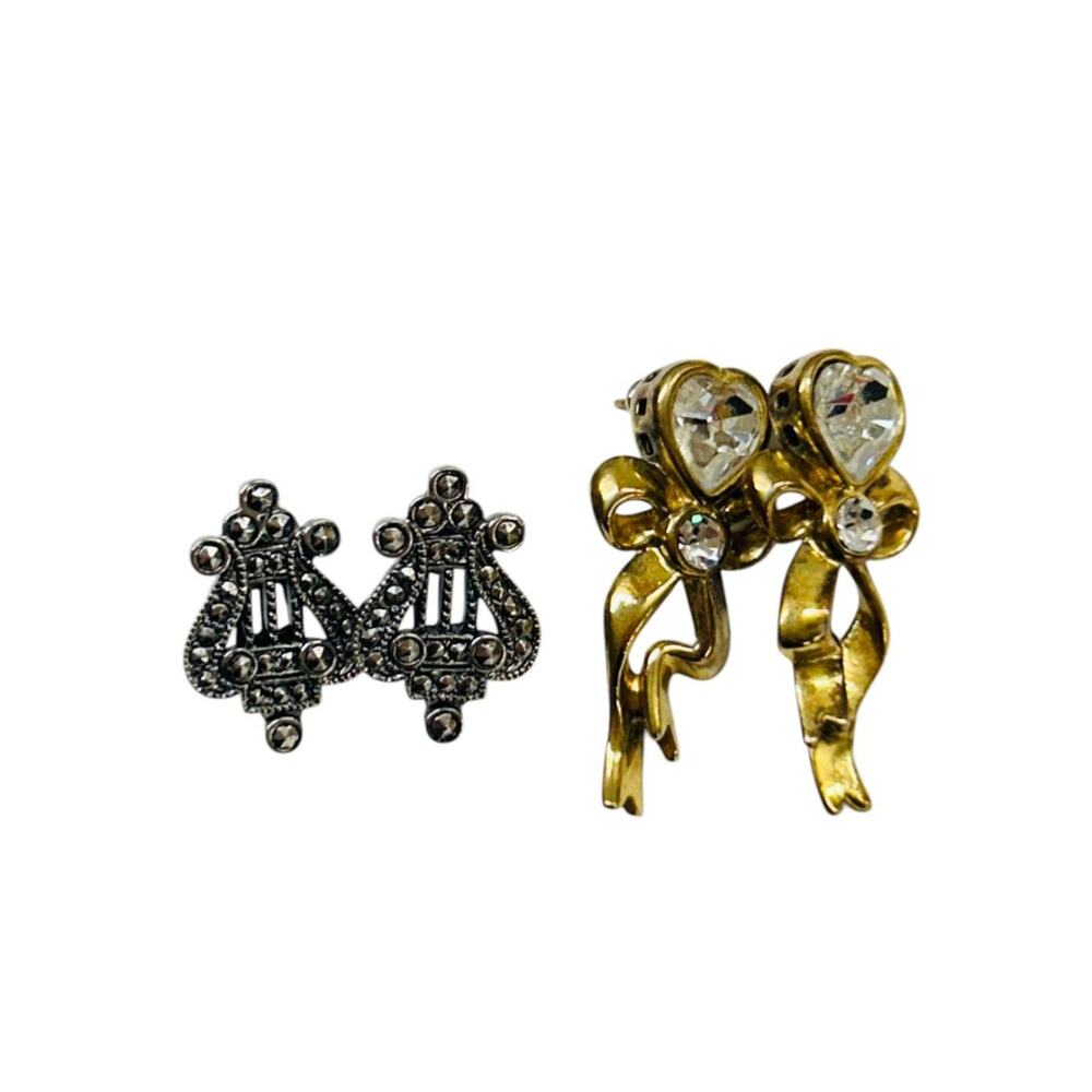 2 Pair Earrings Post Pierced Monet Goldtone Bow 1.8" Avon Harp Silvertone 1.8"